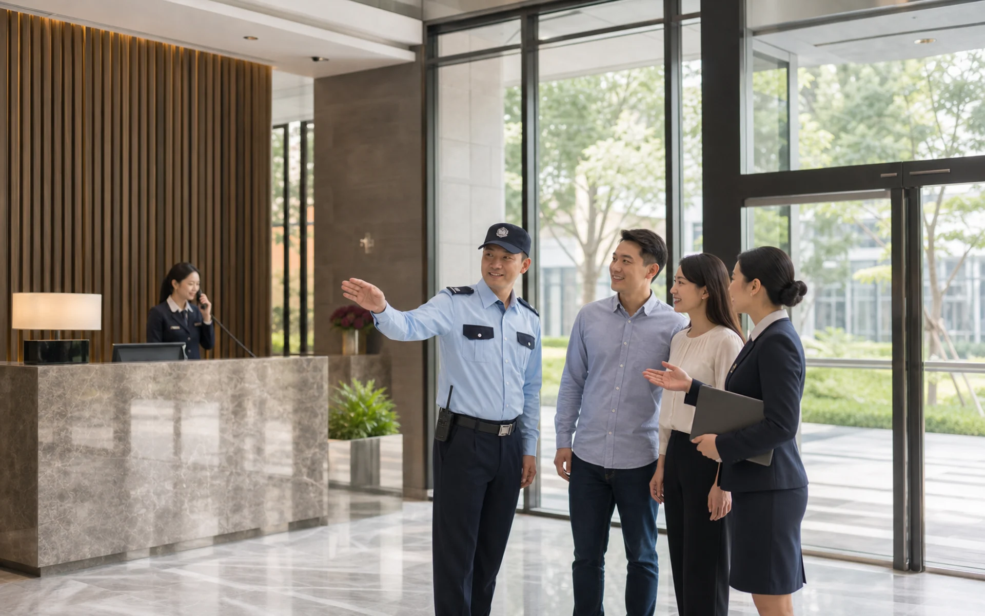 穿著永尉制服的保全人員與物業服務人員在社區大廳協助住戶