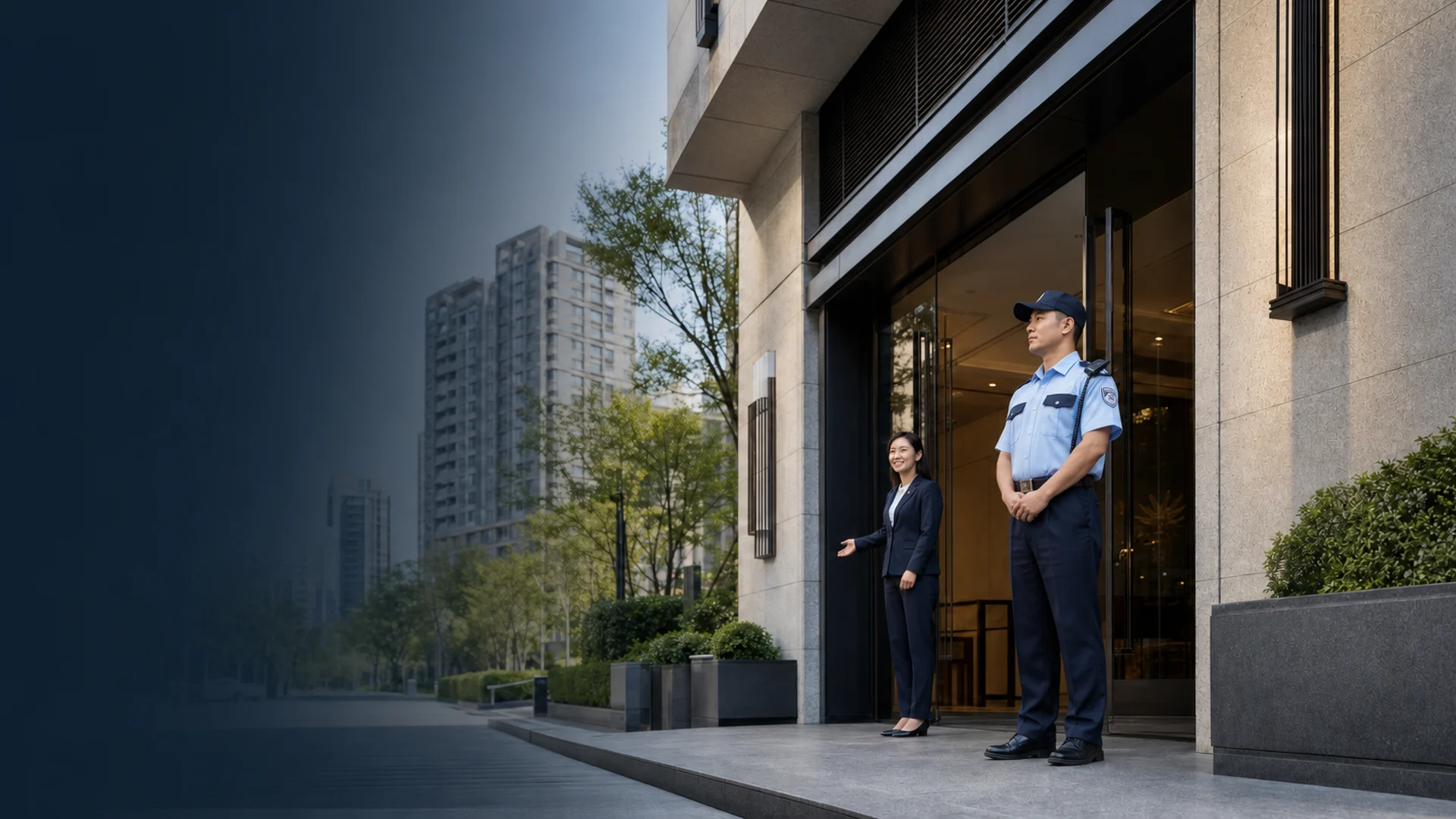現代社區與商辦入口旁的保全及物業服務人員