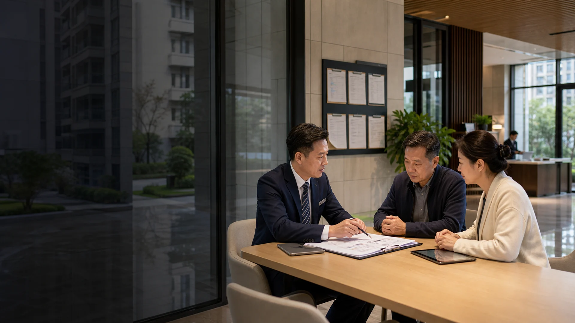 物業服務人員與管委會在社區公共空間討論管理紀錄