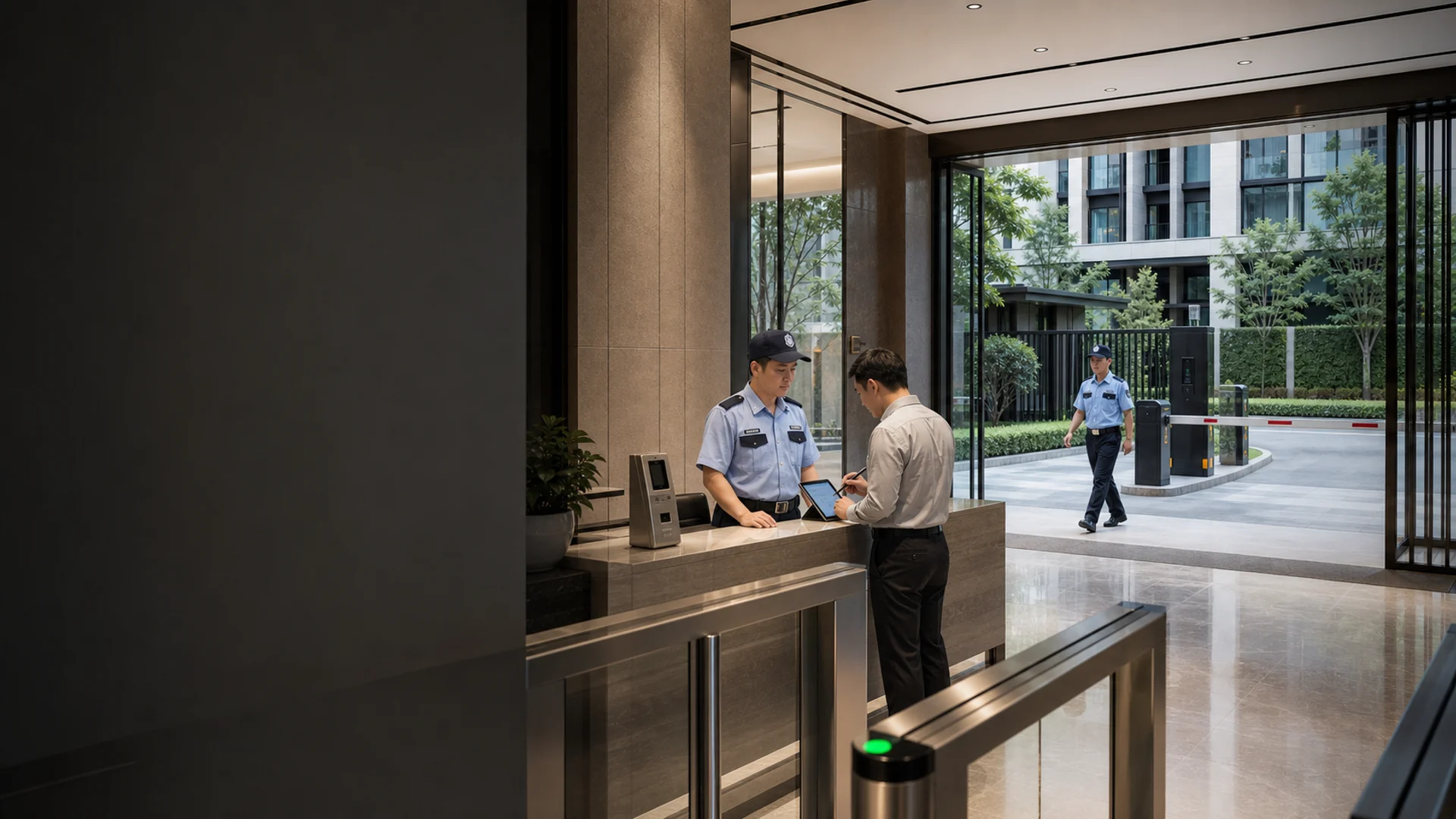 保全人員在社區大廳處理訪客門禁並巡邏車道入口