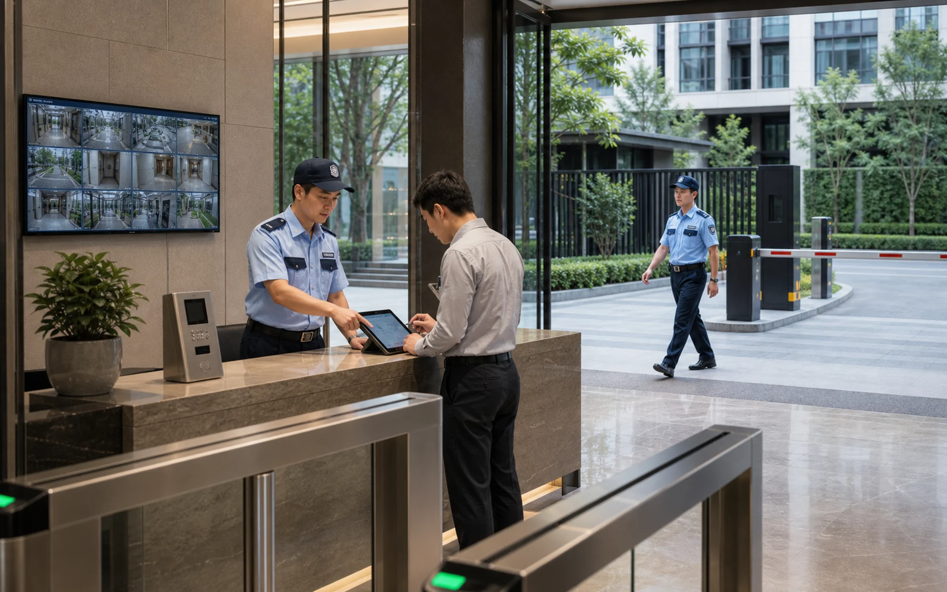 穿著永尉制服的保全人員在社區大廳處理門禁並巡邏車道
